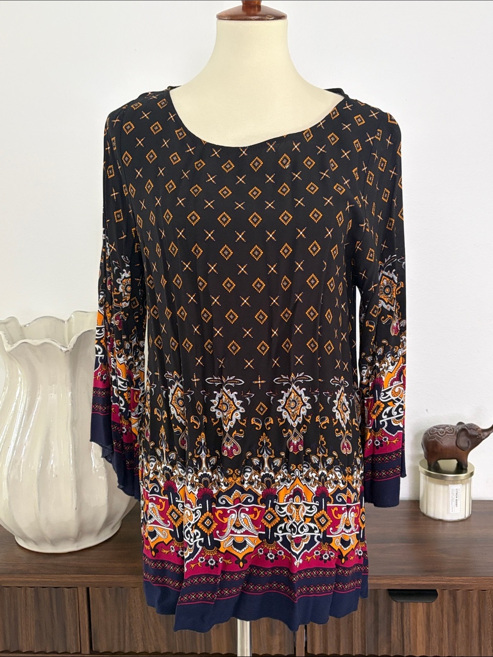 Black Patterned Long Sleeve Tunic with‎ Colorful Border